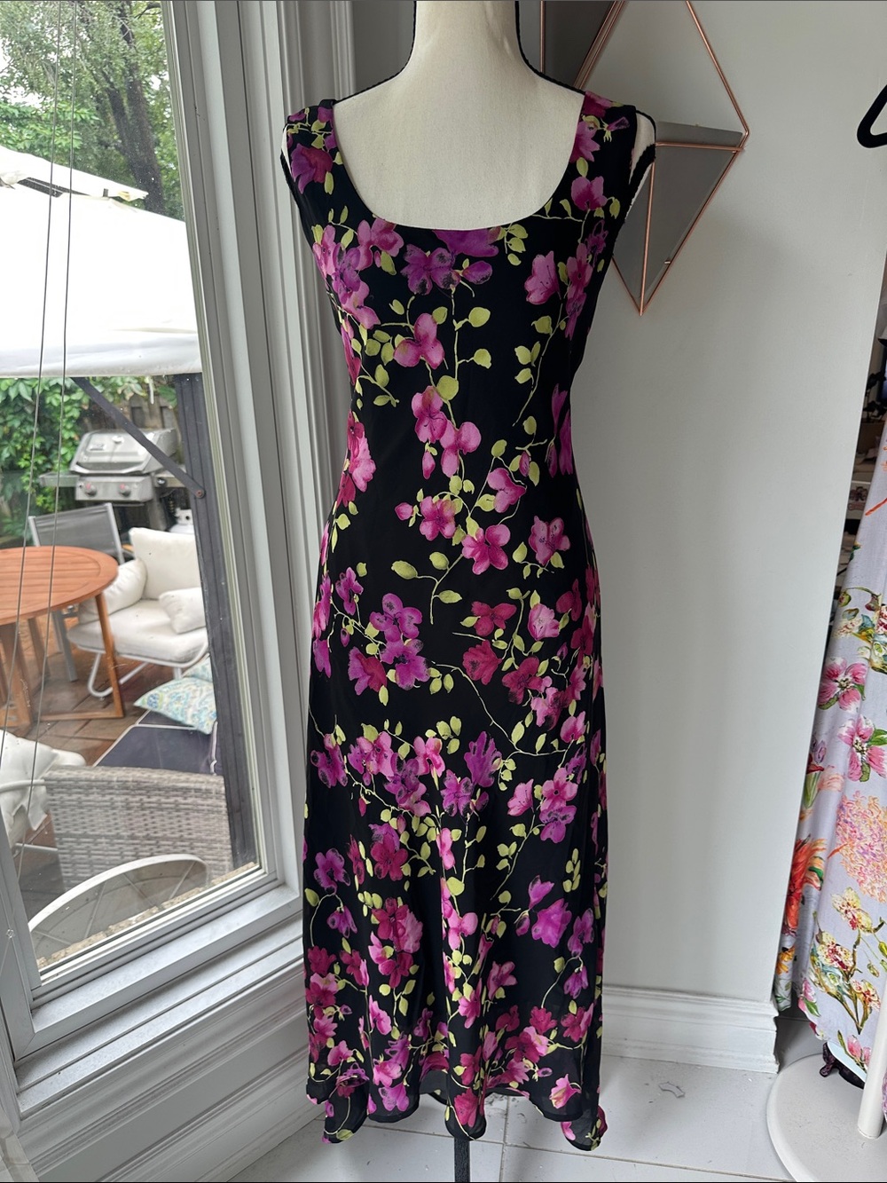 VINTAGE 90s Bias Cut Floral Scoop Neck Black Pink Maxi Dress Ruffle Hem Sz 12